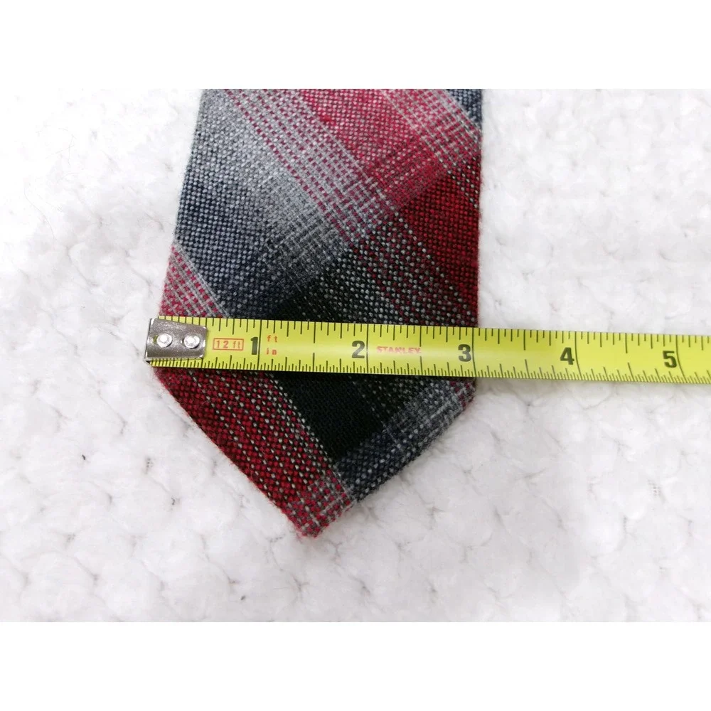 Woolcrofter Mens 3x56 Necktie Red Grey Black Plaid Wool Blend Made in USA